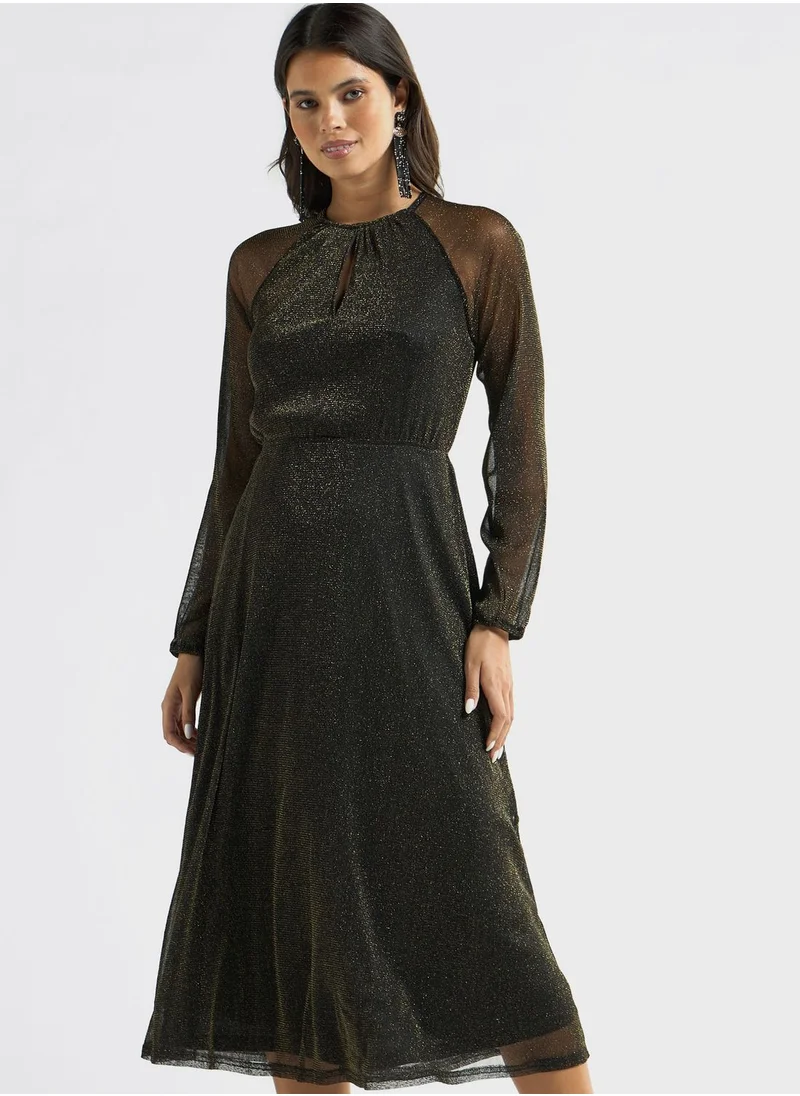 FAV Shimmer Detail Midi A-Line Round Neck Dress With Long Sleeves