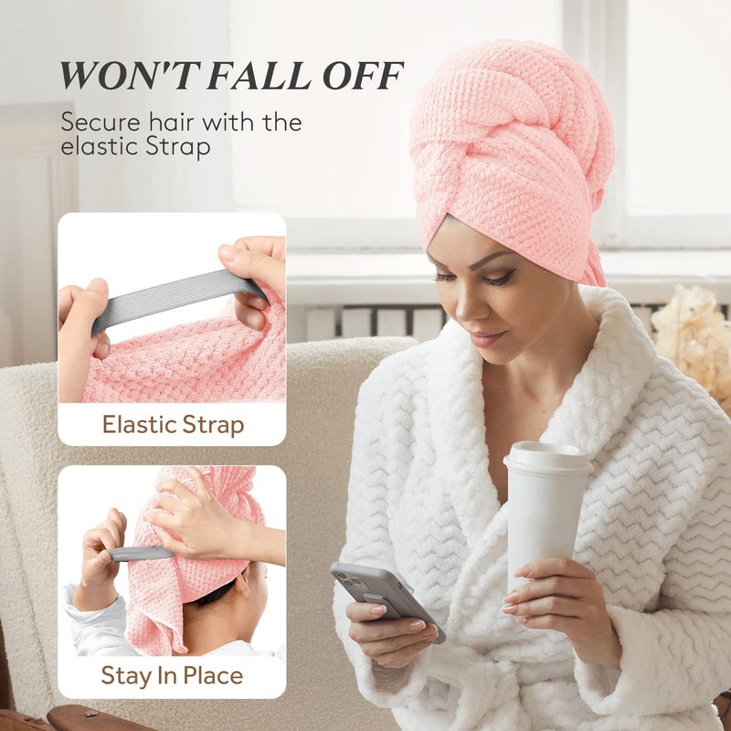 YFONG Large Hair Towel Wrap for Women, Super Absorbent Microfiber Hair Towel for Curly Hair, Fast Drying Hair Turbans with Elastic,Hair Drying Towel Wrap for Hair Care 26.3" X 40" (Pink) - Image 4