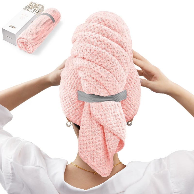 YFONG Large Hair Towel Wrap for Women, Super Absorbent Microfiber Hair Towel for Curly Hair, Fast Drying Hair Turbans with Elastic,Hair Drying Towel Wrap for Hair Care 26.3" X 40" (Pink) - Image 1