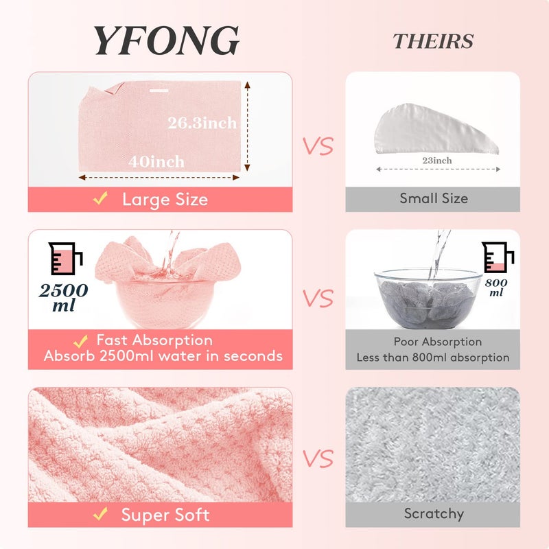 YFONG Large Hair Towel Wrap for Women, Super Absorbent Microfiber Hair Towel for Curly Hair, Fast Drying Hair Turbans with Elastic,Hair Drying Towel Wrap for Hair Care 26.3" X 40" (Pink) - Image 2