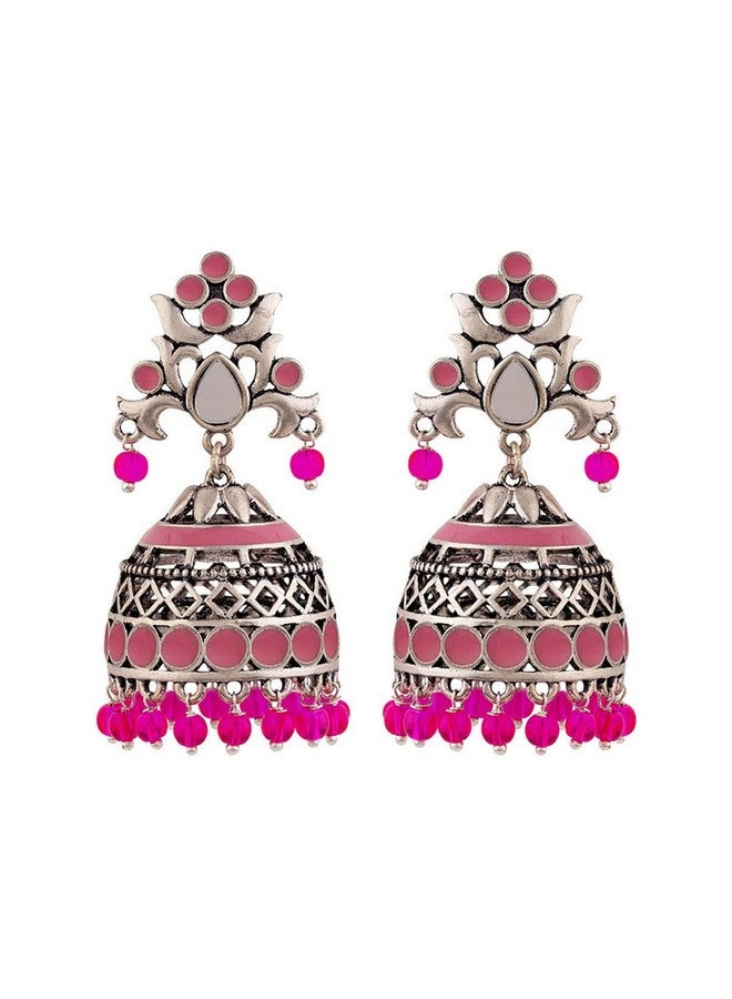 Voylla Brass Silver Oxidised Plating Rangabati Pink Embellishments Jhumka Earrings with Pearl Beads for Women and Girls - Image 1