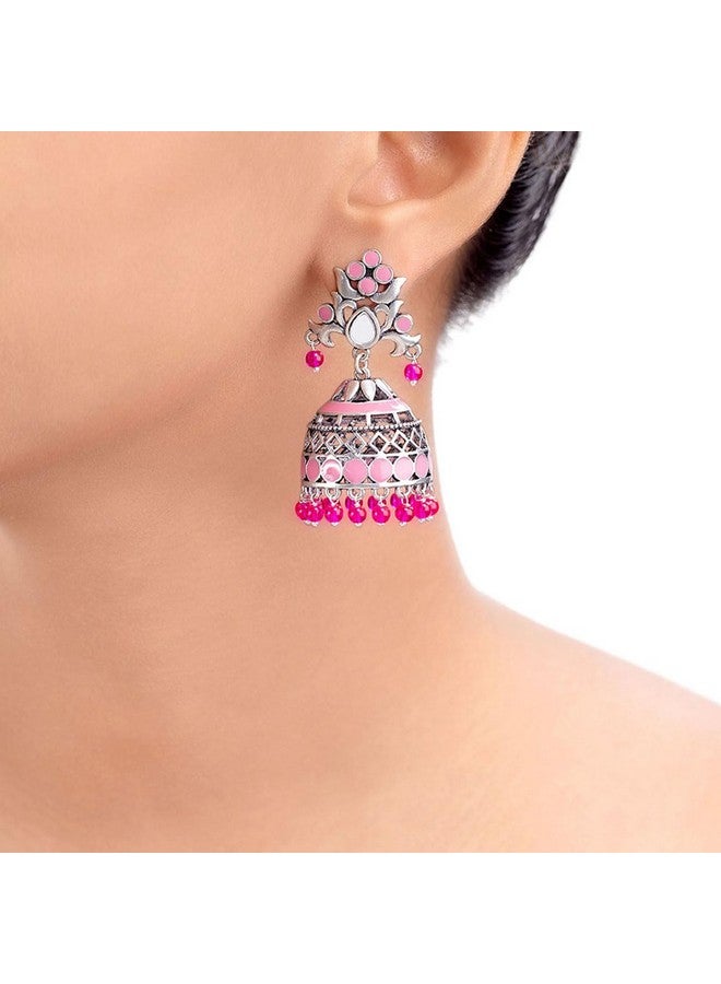 Voylla Brass Silver Oxidised Plating Rangabati Pink Embellishments Jhumka Earrings with Pearl Beads for Women and Girls - Image 3