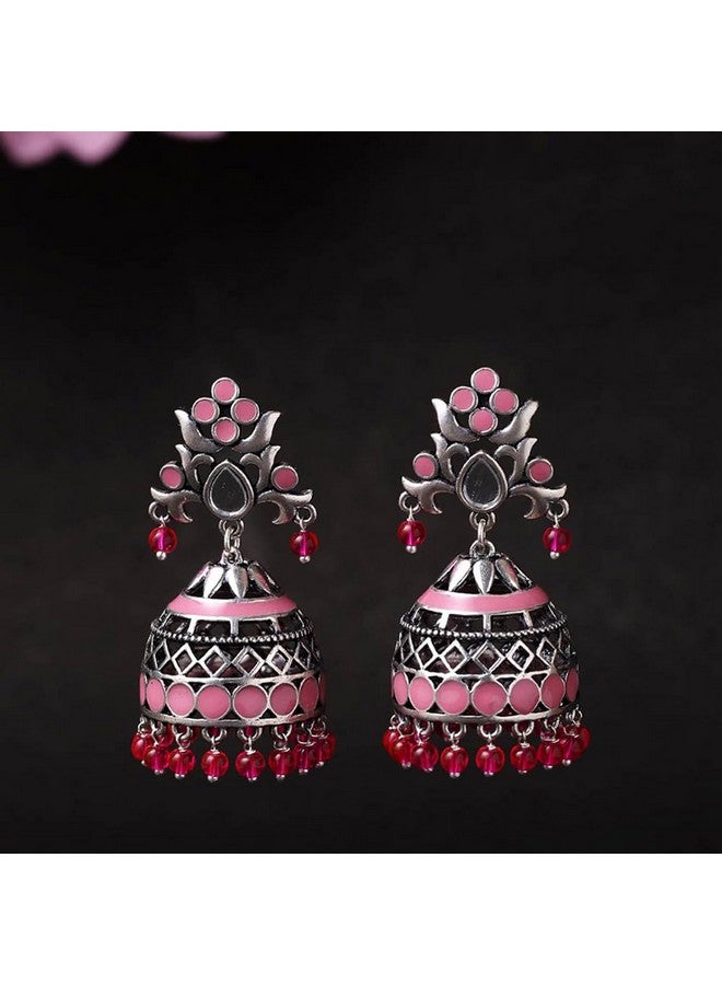 Voylla Brass Silver Oxidised Plating Rangabati Pink Embellishments Jhumka Earrings with Pearl Beads for Women and Girls - Image 2