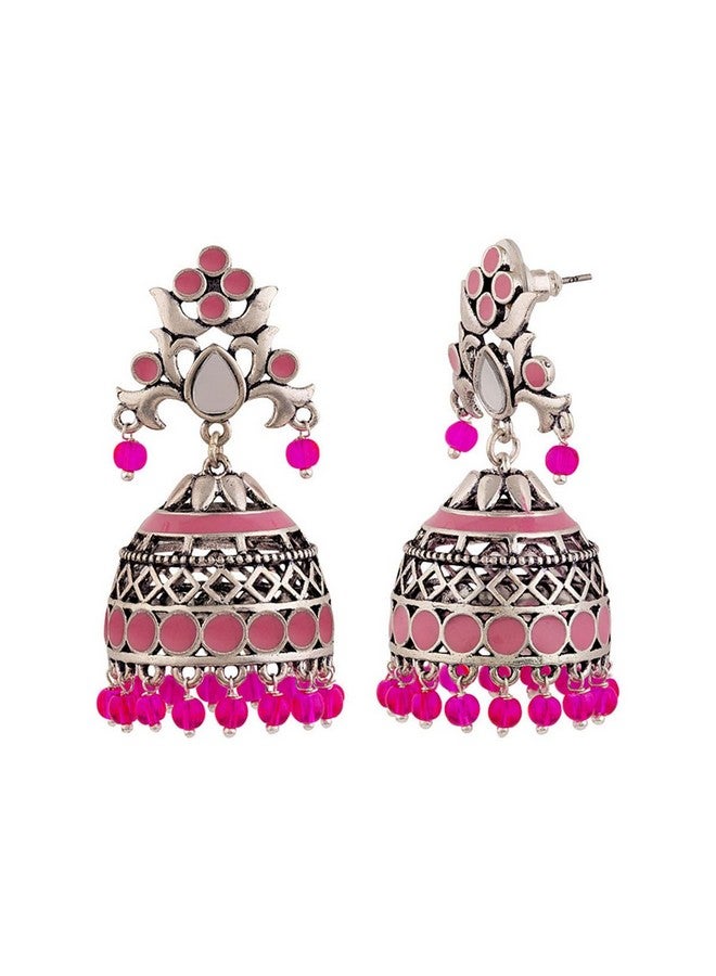 Voylla Brass Silver Oxidised Plating Rangabati Pink Embellishments Jhumka Earrings with Pearl Beads for Women and Girls - Image 4