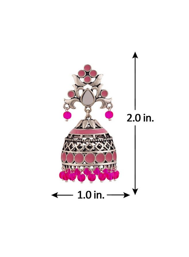 Voylla Brass Silver Oxidised Plating Rangabati Pink Embellishments Jhumka Earrings with Pearl Beads for Women and Girls - Image 5