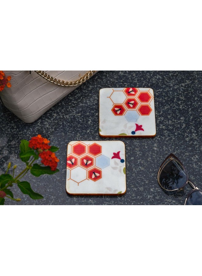 D'ORABLE Dorable Coasters - Marble Square Tea Coaster for Dinning Table. Perfect for Anniversery Gifting. Set of 2. Flo and Beehold! in an Elegant Box. - Image 2