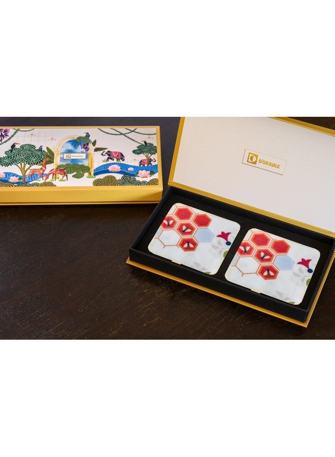 D'ORABLE Dorable Coasters - Marble Square Tea Coaster for Dinning Table. Perfect for Anniversery Gifting. Set of 2. Flo and Beehold! in an Elegant Box. - Image 1
