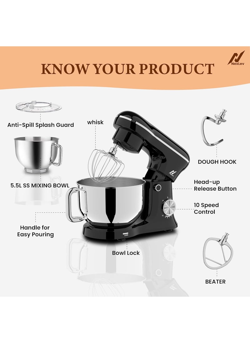 nexlev - NexLev Stand Mixer 1500W 55L SS Bowl 10 Speed Setting Pulse Function Whisk Beater Dough Hook Planetary Rotation Perfect for Roti Cookie Dough Cake Making 100 Copper Motor ST01 - Image 1