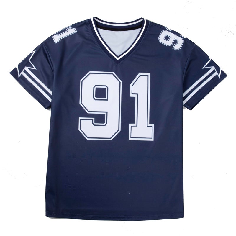 MYHALF Women's Graphic Football Jersey Shirts Y2K Oversized T Shirt V Neck Baggy Streetwear Summer Tops Blue - Image 5