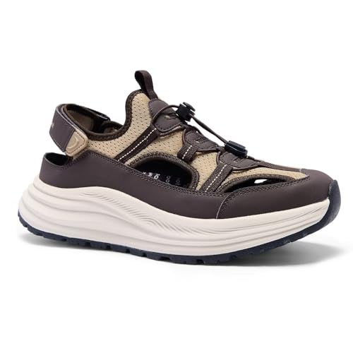 OrthoComfoot صنادل مشي للرجال ذات أصابع مغلقة طبية: ملابس عصرية لمرضى الأعصاب والتهاب اللفافة الأخمصية، صنادل مريحة، دعم قوس مريح، أحذية رياضية صيفية خارجية مقاومة للماء باللون البني مقاس 10 - Image 1