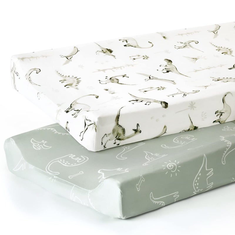 GRSSDER Stretch Ultra Soft Jersey Knit Changing Pad Cover Set 2 Pack, Change Table Pad Covers Fit 32"/34" x 16" Pads Safe and Snug, Pretty Pattern for Baby, Dinosaur - Image 1