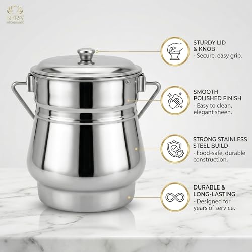 NYRA ® Stainless Steel Milk Pot/Container With Lid | Flat Bottom Dolu For Ghee, Oil, Curd, Grains, Pulses | Dolchi For Milk (1.3 Cylindrical, 1, Stainless Steel Multipurpose Container), 1.3 Liter - Image 5