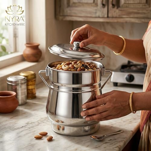 NYRA ® Stainless Steel Milk Pot/Container With Lid | Flat Bottom Dolu For Ghee, Oil, Curd, Grains, Pulses | Dolchi For Milk (1.3 Cylindrical, 1, Stainless Steel Multipurpose Container), 1.3 Liter - Image 3
