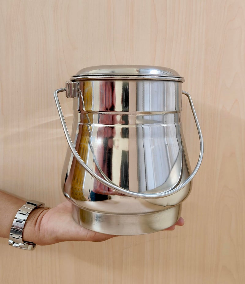 NYRA ® Stainless Steel Milk Pot/Container With Lid | Flat Bottom Dolu For Ghee, Oil, Curd, Grains, Pulses | Dolchi For Milk (1.3 Cylindrical, 1, Stainless Steel Multipurpose Container), 1.3 Liter - Image 2