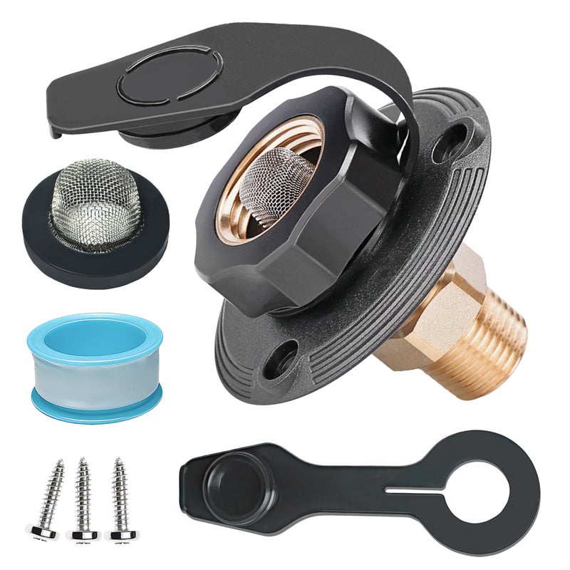 FYRIXY RV City Water Inlet with Check Valve 34 NH to 12 NPT Brass Matte Black Dust Cap - Image 2