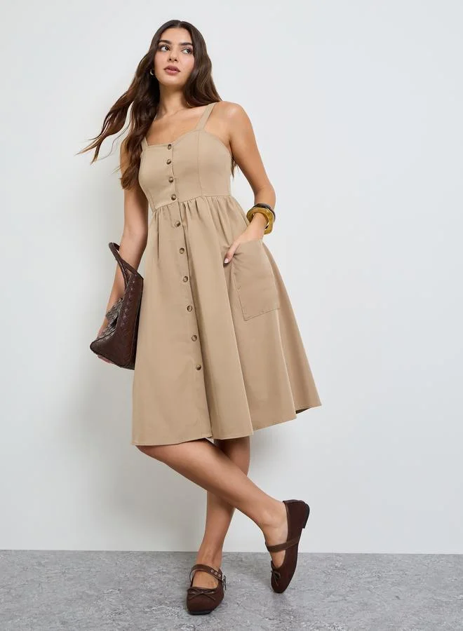 تايك تو Beige Button Front Midi Dress with Patch Pocket