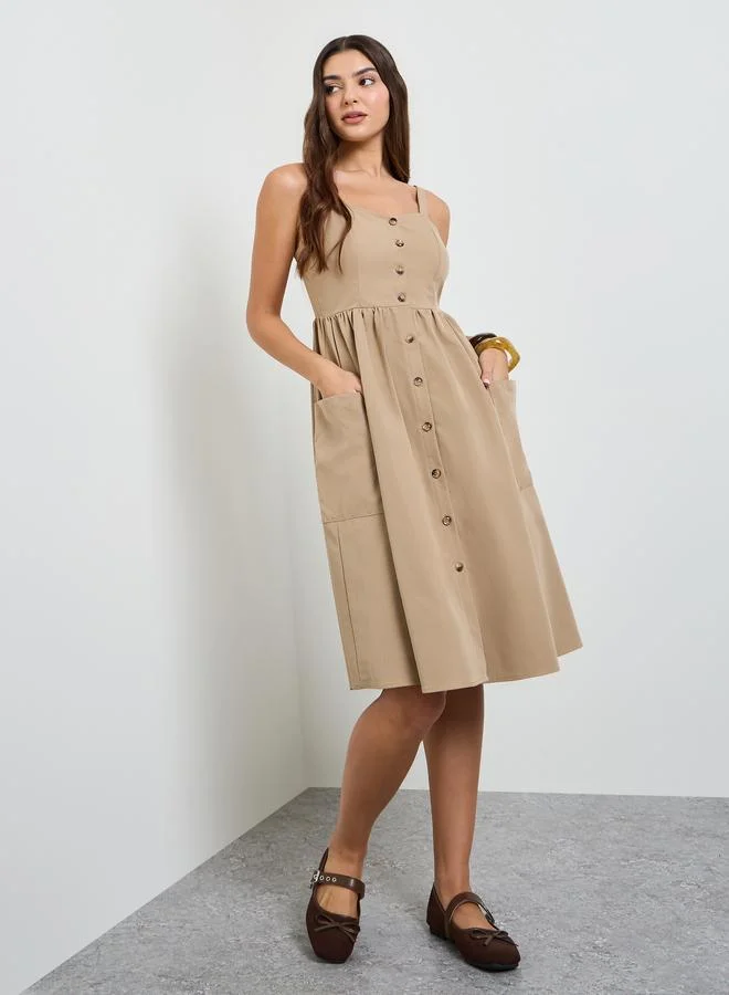 تايك تو Beige Button Front Midi Dress with Patch Pocket