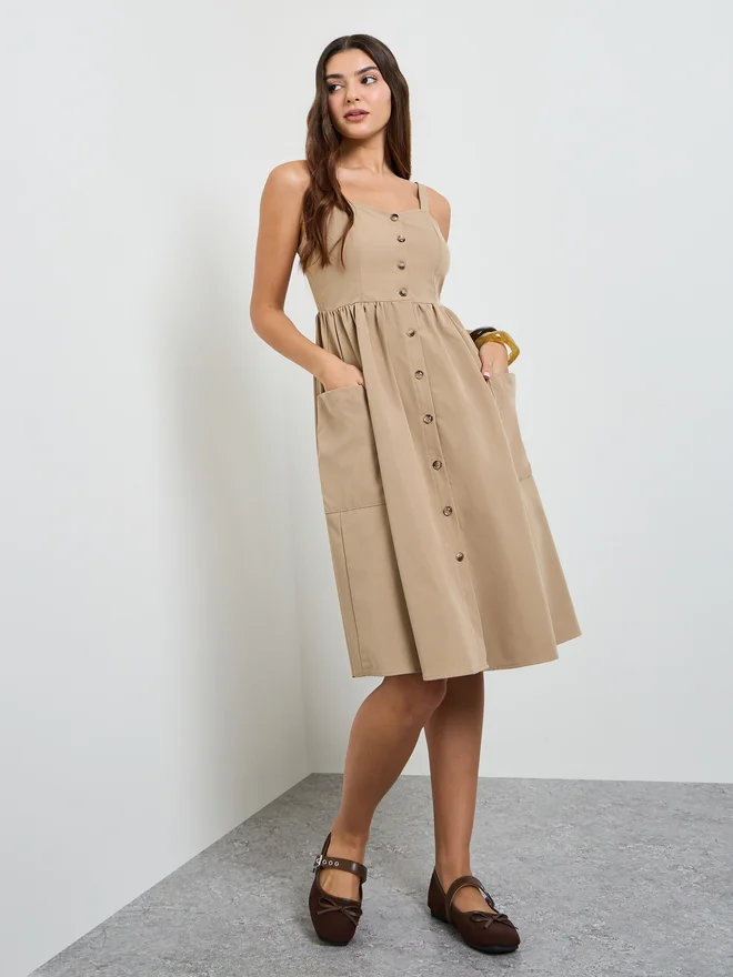 Styli Styli Beige Button Front Midi Dress with Patch Pocket