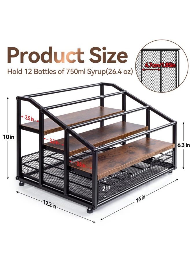 kimilus Coffee Syrup Rack Organizer, 4-Tier 12 Bottle Syrup Rack with 35 K Cup Drawer for Coffee Bar, Countertop Bottle Holder Stand for Dressing for Kitchen Cafe Station - Image 3
