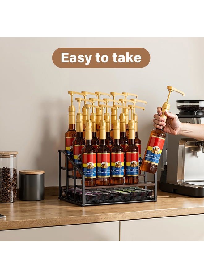 kimilus Coffee Syrup Rack Organizer, 4-Tier 12 Bottle Syrup Rack with 35 K Cup Drawer for Coffee Bar, Countertop Bottle Holder Stand for Dressing for Kitchen Cafe Station - Image 2