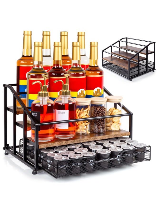 kimilus Coffee Syrup Rack Organizer, 4-Tier 12 Bottle Syrup Rack with 35 K Cup Drawer for Coffee Bar, Countertop Bottle Holder Stand for Dressing for Kitchen Cafe Station - Image 1