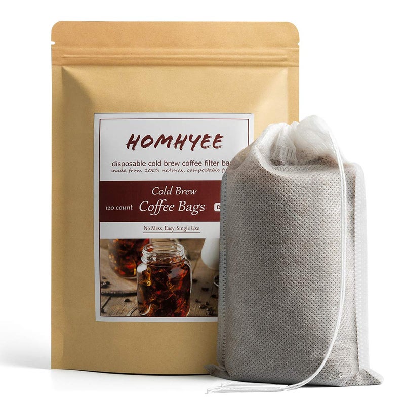 HOMYHEE No Mess Cold Brew Coffee Filters 120 Count Disposable Fine Mesh Brewing Bags for ConcentrateIced Coffee Maker FrenchCold Press Kit Hot Tea in Mason Jar or Pitcher 4 x 6 Inches