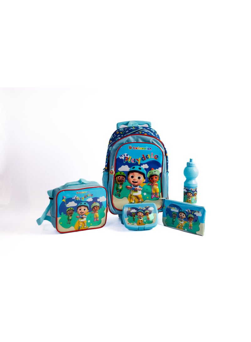 Cocomelon 5-in-1 School Set – 16" Trolley Bag, Lunch Bag, Pencil Case, Water Bottle & Lunch Box – Blue - Image 1