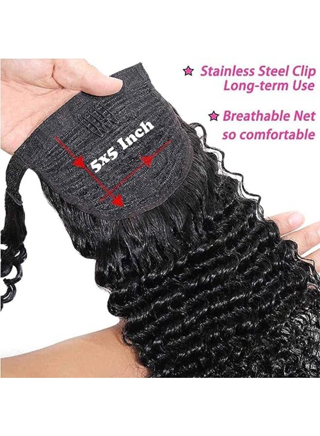 Seelaak Long Curly Magic Paste Wrap Around Ponytail Human Hair Extensions 100 Real Remy Hair Ponytails Human Hair Extensions for Women Natural Black 16 Inch 125g - Image 3