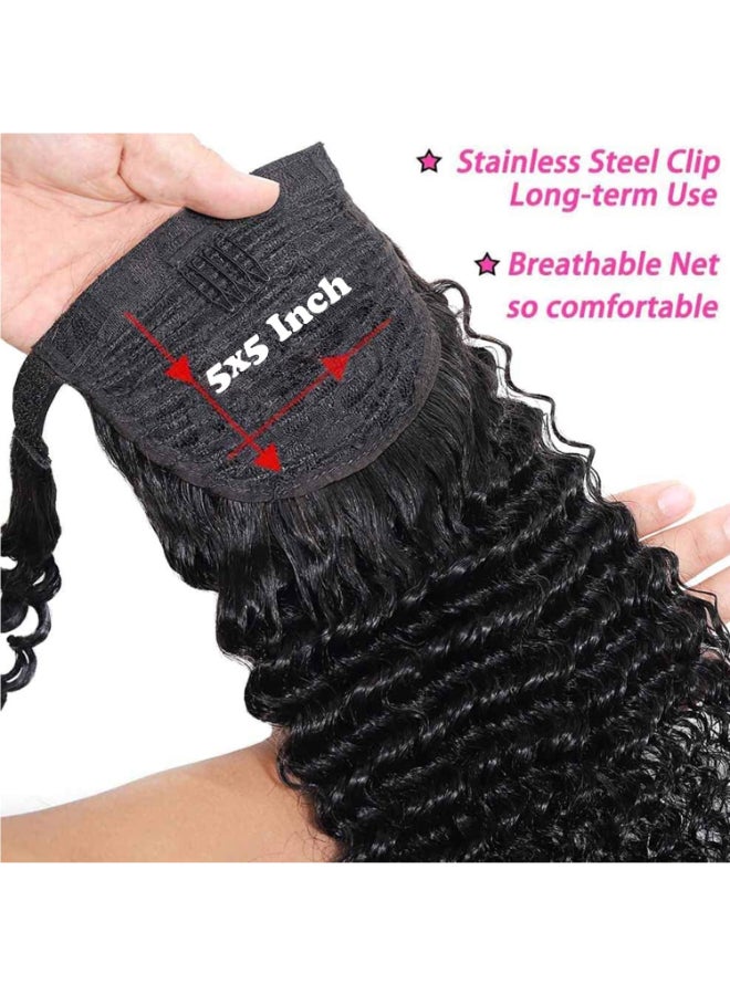 Seelaak Long Curly Magic Paste Wrap Around Ponytail Human Hair Extensions 100 Real Remy Hair Ponytails Human Hair Extensions for Women Natural Black 16 Inch 125g - Image 4