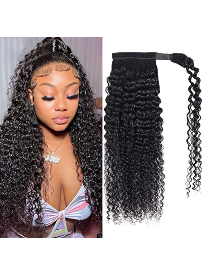 Seelaak Long Curly Magic Paste Wrap Around Ponytail Human Hair Extensions 100 Real Remy Hair Ponytails Human Hair Extensions for Women Natural Black 16 Inch 125g - Image 1