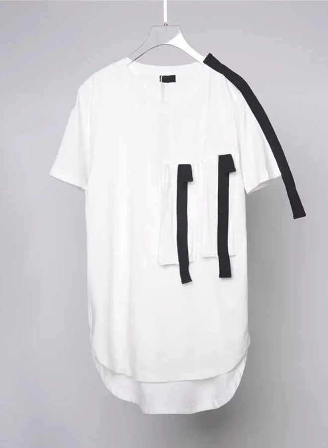Fashion stitching ribbon casual short-sleeved T-shirt-white  - Image 3