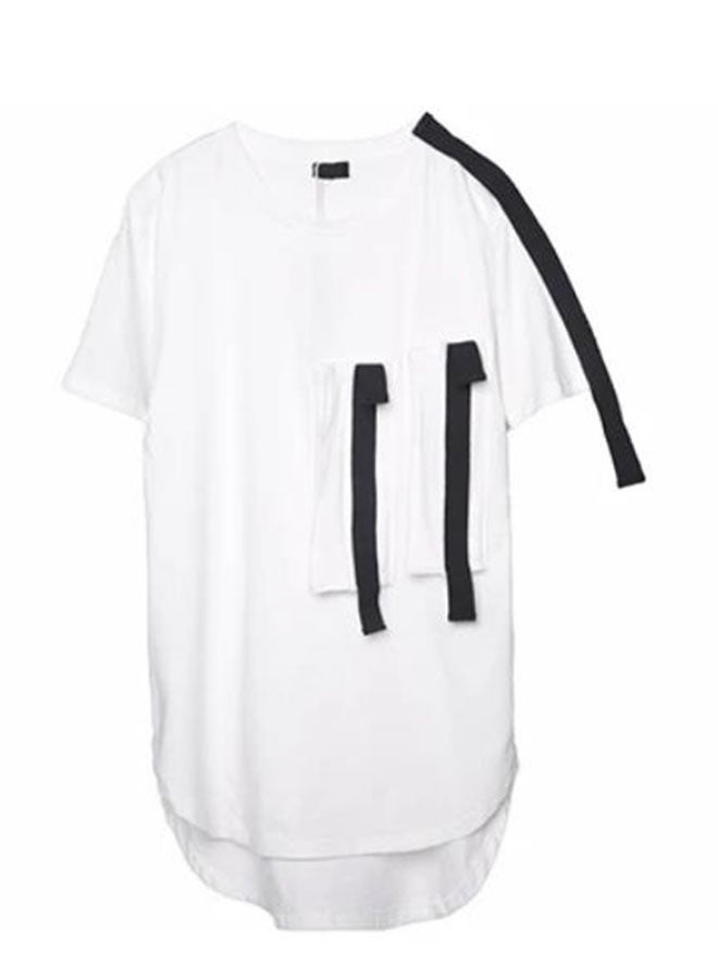 Fashion stitching ribbon casual short-sleeved T-shirt-white  - Image 1