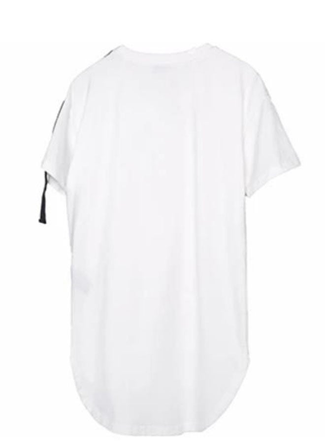 Fashion stitching ribbon casual short-sleeved T-shirt-white  - Image 2
