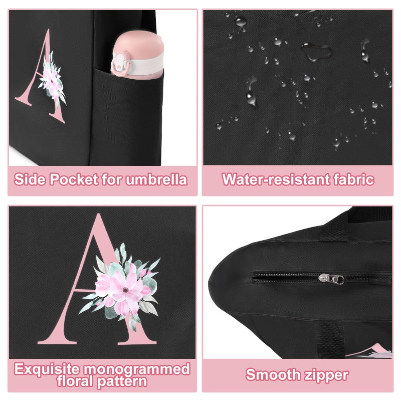 Vavabox Tote Bag, A-Z Initial Monogrammed Waterproof Tote Bag, Bridesmaid Gifts for Women, Black and Pink (S, Black) - Image 4