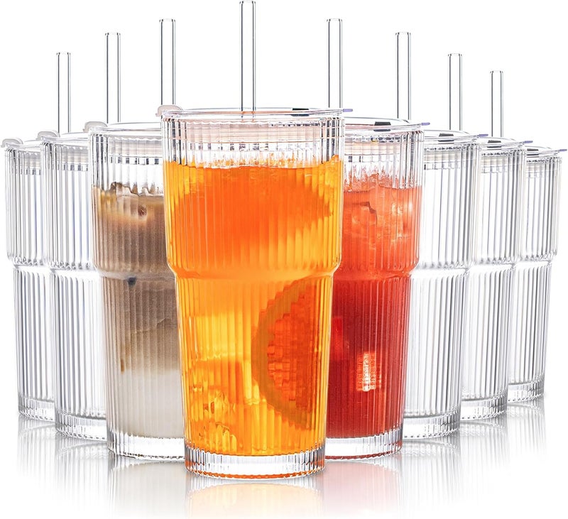 INSETLAN 8-Piece Glassware Set – 20 oz Ribbed Glass Tumblers with Lids and Glass Straws, Heavy-Duty Tumblers, Ideal for Iced Coffee, Smoothies, Cocktails, and Juices – Elegant and Durable Drinkware - Image 1