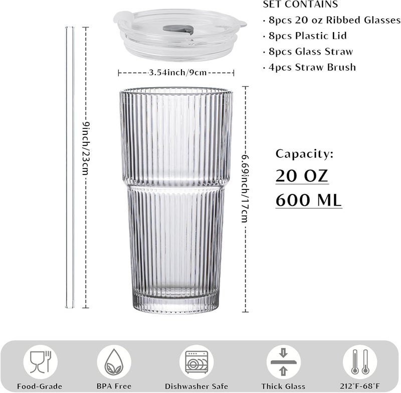 INSETLAN 8-Piece Glassware Set – 20 oz Ribbed Glass Tumblers with Lids and Glass Straws, Heavy-Duty Tumblers, Ideal for Iced Coffee, Smoothies, Cocktails, and Juices – Elegant and Durable Drinkware - Image 2