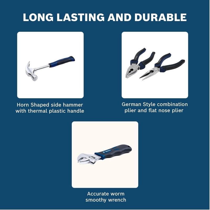 BOSCH طقم أدوات يدوية، طقم مكون من 12 قطعة، أدوات يدوية احترافية، أدوات دقيقة، تصميم مريح، متينة ومقاومة للصدأ، زرقاء، حقيبة صلبة للتخزين الآمن - Image 4