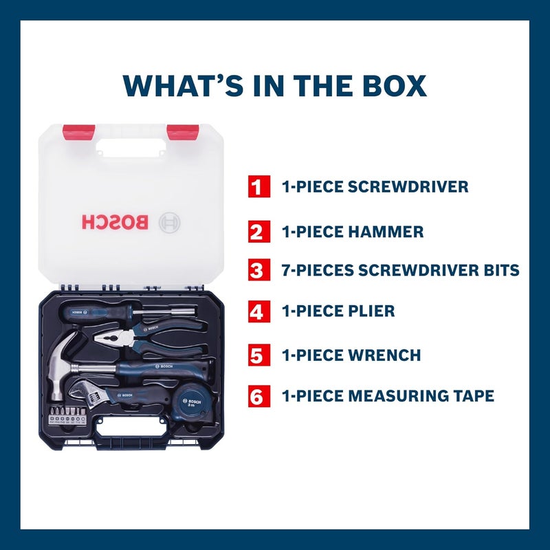 BOSCH طقم أدوات يدوية، طقم مكون من 12 قطعة، أدوات يدوية احترافية، أدوات دقيقة، تصميم مريح، متينة ومقاومة للصدأ، زرقاء، حقيبة صلبة للتخزين الآمن - Image 2