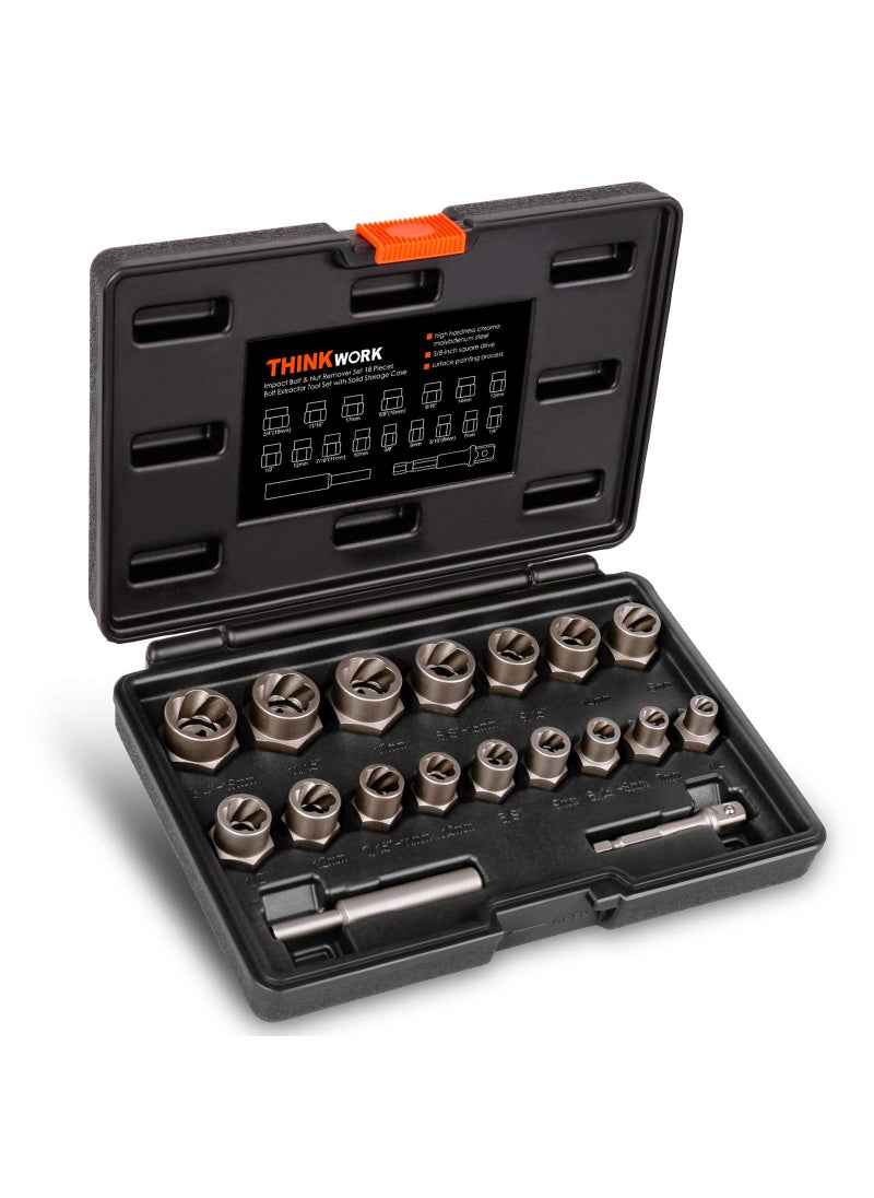 THINKWORK THINKWORK Bolt Extractor Kit, 18 Pieces Bolt Extractor Set, Stripped Bolt Extractor for Removing Damaged, Frozen, Rusted, Rounded-Off Bolts, Nuts & Screws  - Image 1