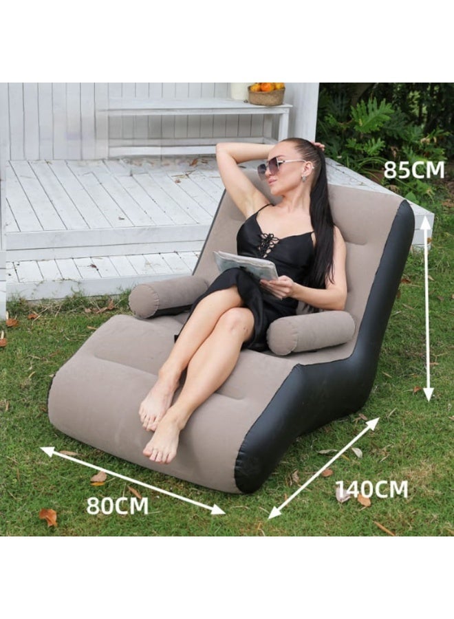 Inflatable Air Chaise Lounge with Comfortable Armrests, Comfortable Plush Relaxing Sofa for Home, Garden, Beach, Swimming Pool - Size 140 * 80 * 85cm (With Blower Gift) (Beige) - Image 2