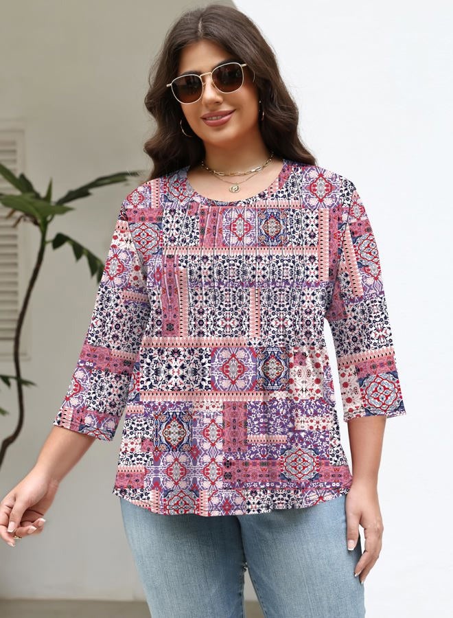 TFSDOD Womens Plus Size Tops 3/4 Length Sleeve Womens Tops Crewneck Pleated Boho Tunic Casual Shirts XL-5X, Purple Block, 3XL - Image 2