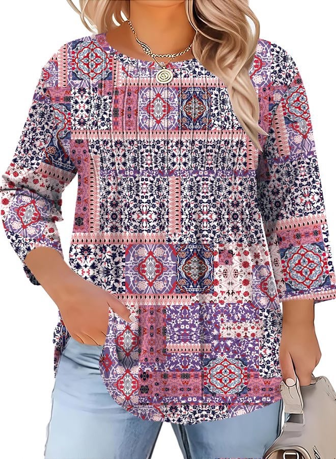 TFSDOD Womens Plus Size Tops 3/4 Length Sleeve Womens Tops Crewneck Pleated Boho Tunic Casual Shirts XL-5X, Purple Block, 3XL - Image 1