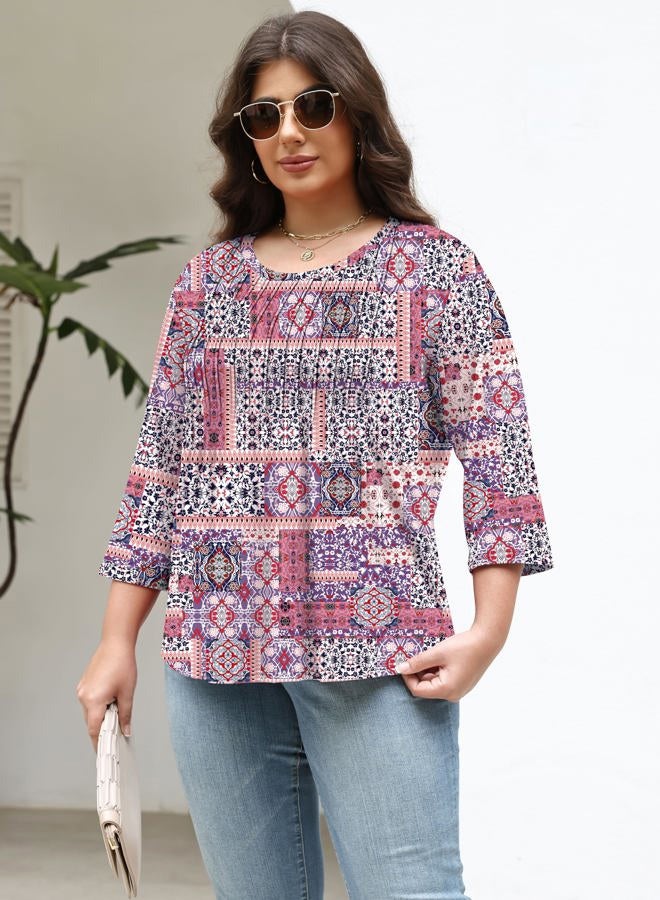TFSDOD Womens Plus Size Tops 3/4 Length Sleeve Womens Tops Crewneck Pleated Boho Tunic Casual Shirts XL-5X, Purple Block, 3XL - Image 3