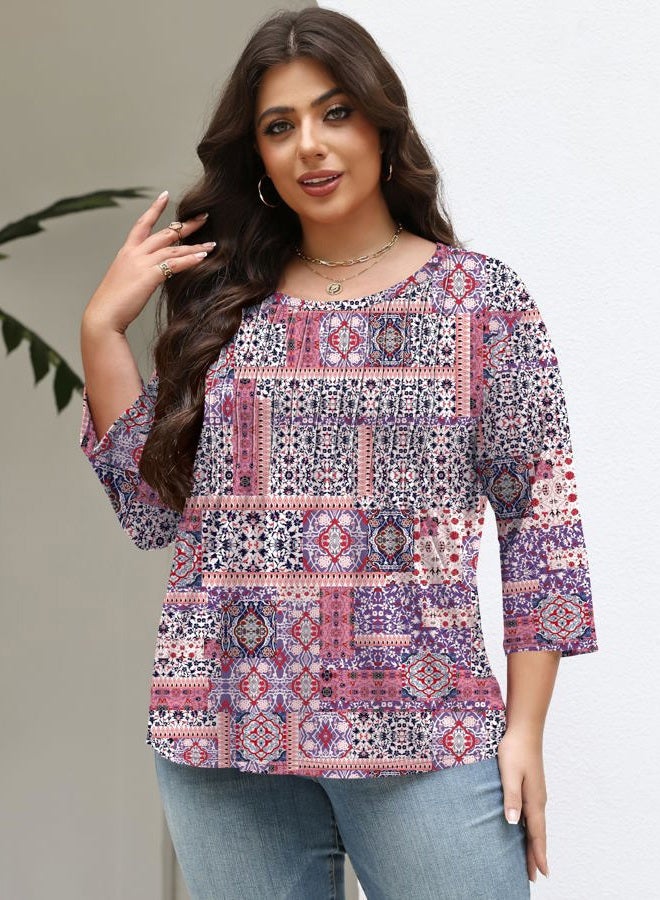 TFSDOD Womens Plus Size Tops 3/4 Length Sleeve Womens Tops Crewneck Pleated Boho Tunic Casual Shirts XL-5X, Purple Block, 3XL - Image 4