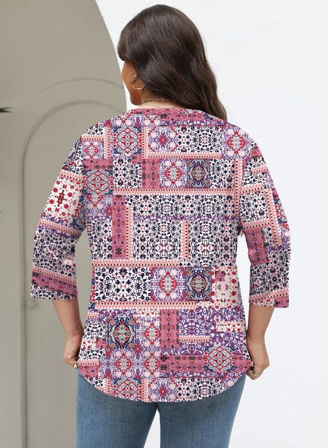 TFSDOD Womens Plus Size Tops 3/4 Length Sleeve Womens Tops Crewneck Pleated Boho Tunic Casual Shirts XL-5X, Purple Block, 3XL - Image 5