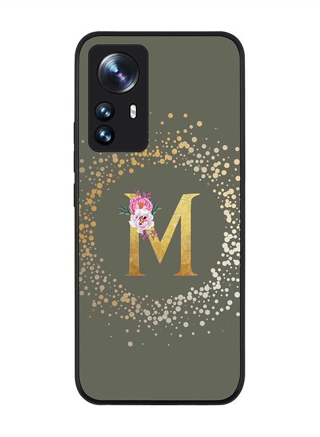 Stylizedd Rugged Black edge case for Xiaomi 12 / Xiaomi 12X Slim fit Soft Case Flexible Rubber Edges TPU Gel Thin Cover - Custom Monogram Initial Letter Floral Pattern Alphabet - M (Olive Green) - Image 1