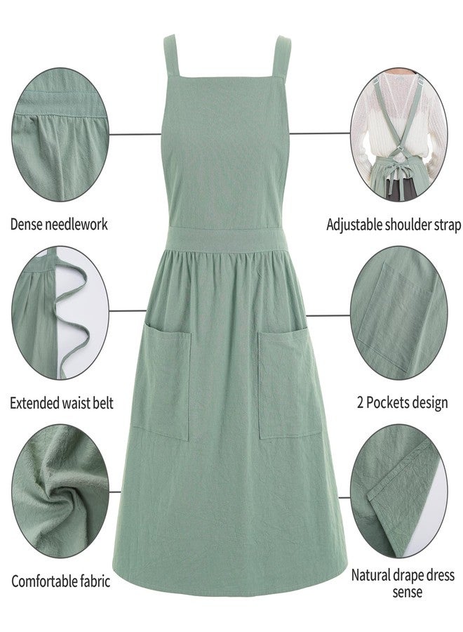 Pinknoke Cotton Linen Pinafore Apron Dress for Women with Pockets Cute Art Chef Aprons for Kitchen Baking Gardening Painting (Sage Green) - Image 4