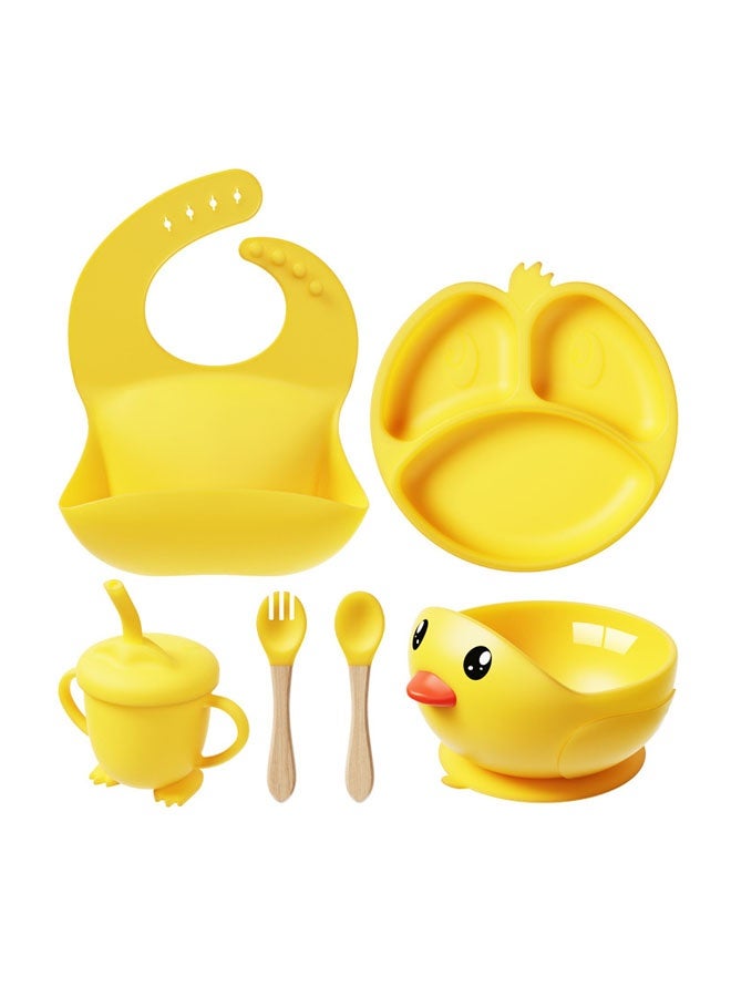Baby Self Feeding Set, 6 Pcs Cute Duck Baby Tableware Set, BabyFood grade Silicone Baby Cutlery and Plates Set, Non-Slip Infant Dinnerware Set