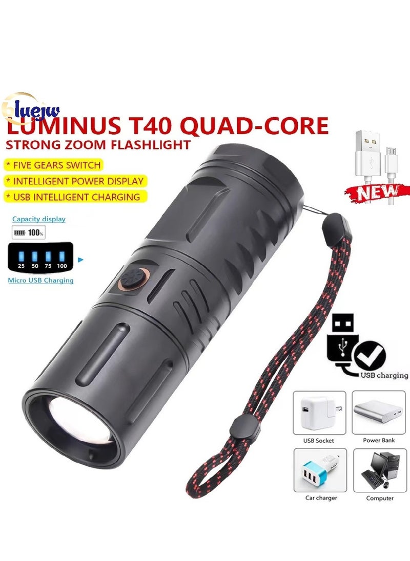 الأزرق جي دبليو عالية الطاقة T40 مصباح يدوي LED الخفيفة القوية القابلة لإعادة الشحن 5 أنواع من وسائط ج نوع مصباح يدوي سريع القابلة لإعادة الشحن التخييم المشي لمسافات طويلة في حالات الطوارئ مصباح يدوي متغير التكبير  - Image 1