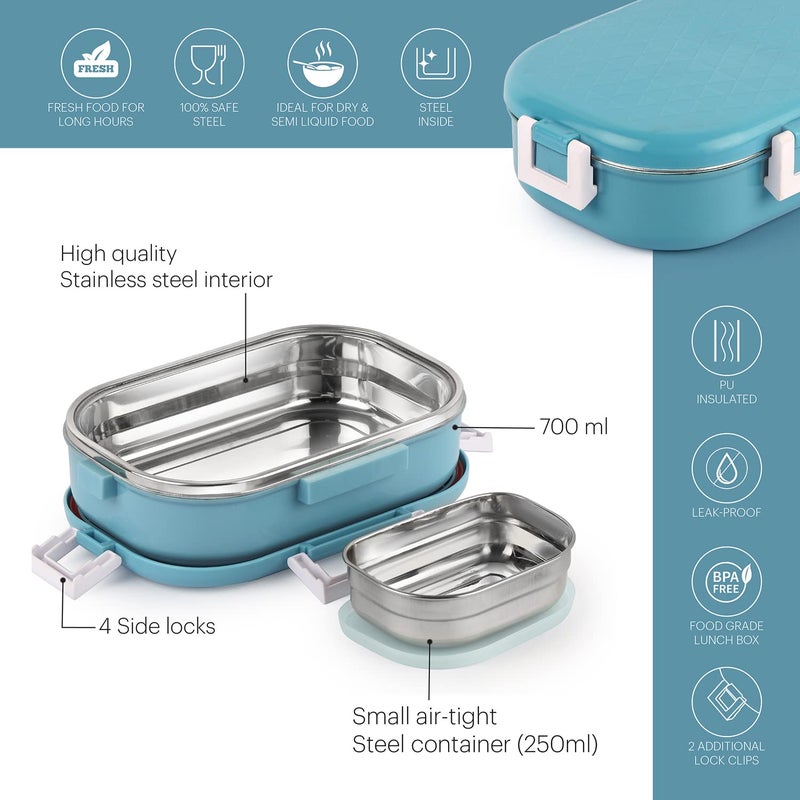 Cello Altro Neo Lunch Box, Neo Blue, 700ml 2 Units Insulated Lunch Boxes Stainless Steel Lunch Box for Kids Leak-Proof Snacks Tiffin Box for School - Image 3